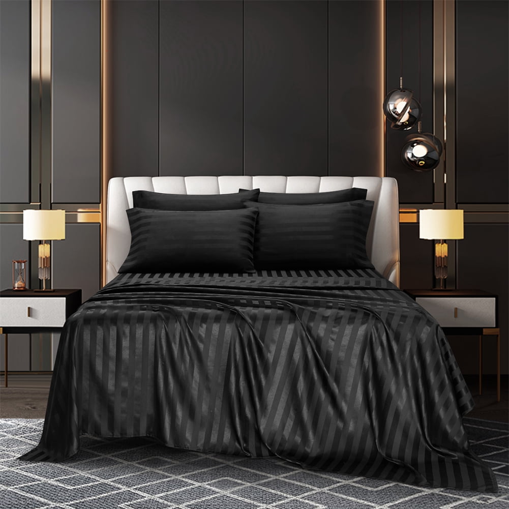 AiMay Italian Style  6 Piece Satin Bed Sheet Set Stripes Super Soft Deep Pocket 1800 Luxury Rich Silk 1 Flat Sheet 1 Fitted Sheet 4 Envelope Pillowcases Stain-Resistant Wrinkle Free (Queen, Black)