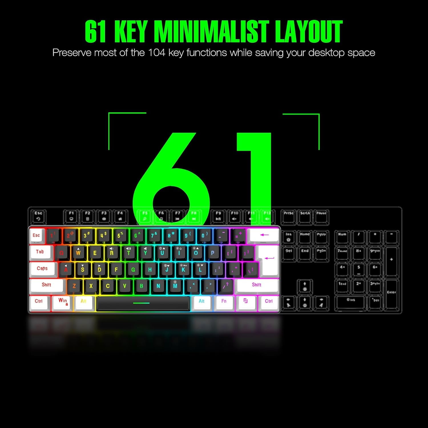 7KEYS Wired RGB Gaming Keyboard and Mouse Combo,  61 Keys true RGB 14 Mode of Backlight, 3200 DPI Gaming Mouse, Mini Keyboard with Membrane Switch Comfort Use for PC Computer Laptop