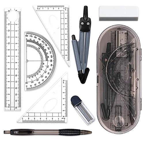 Sun Kea 8 Pcs Geometry Tool Set with Plastic Storage Box,Compass Rulers Protractor Sharpener Eraser 037Green