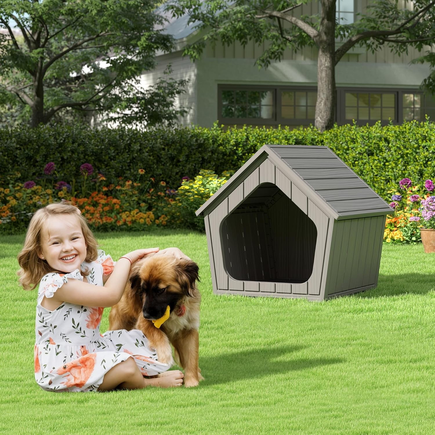 Sunny Lane Dog House Outdoor Indoor for Small Dogs - Plastic Pet Shelter, Easy-Assemble & Weather-Resistant for Living Room, Balcony (Grey, 18" L x 22.4" W x 22.2" H)