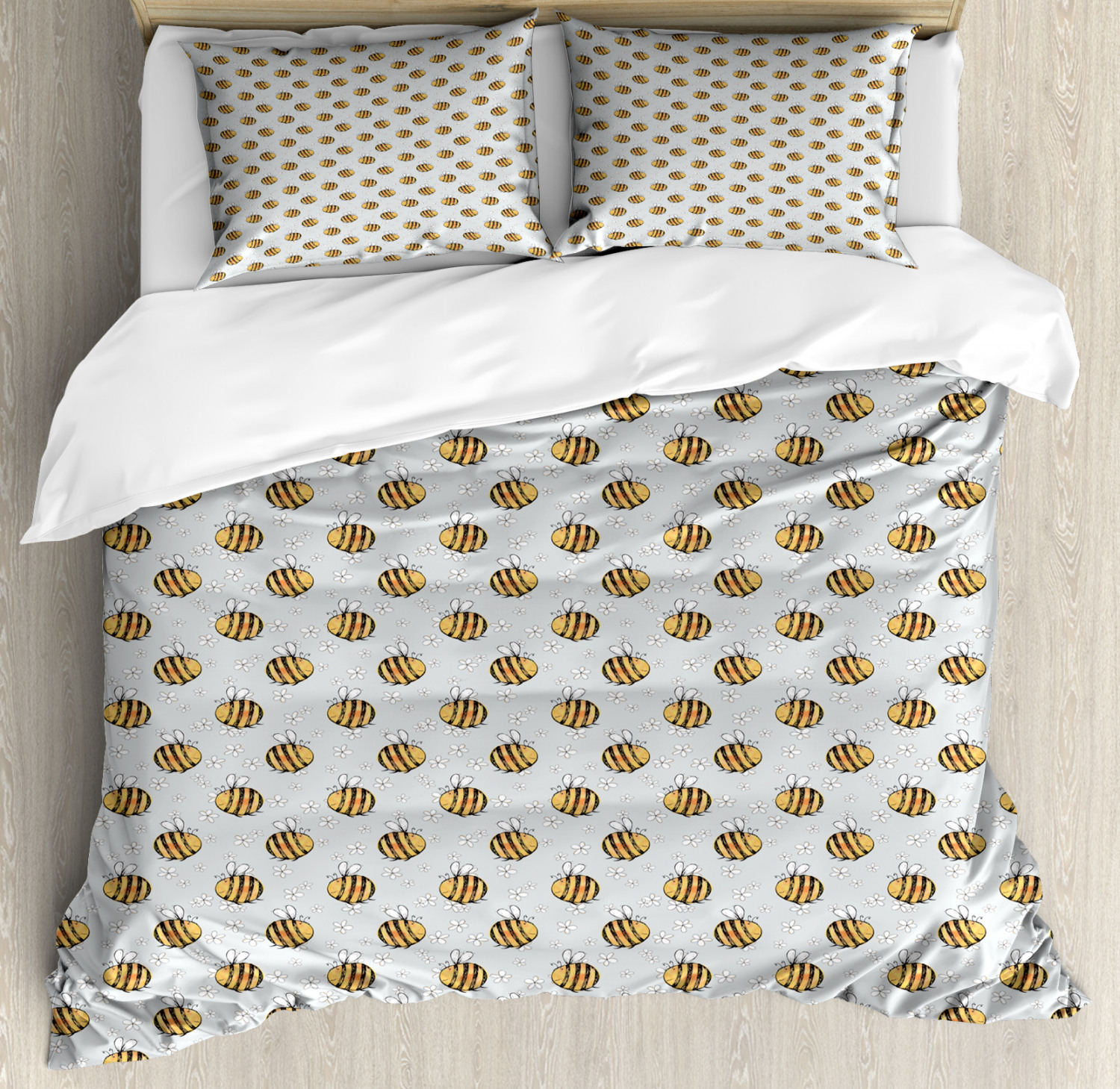 Honey Bee Duvet Cover Set, Doodle Style Hand Drawn Floral Scene and