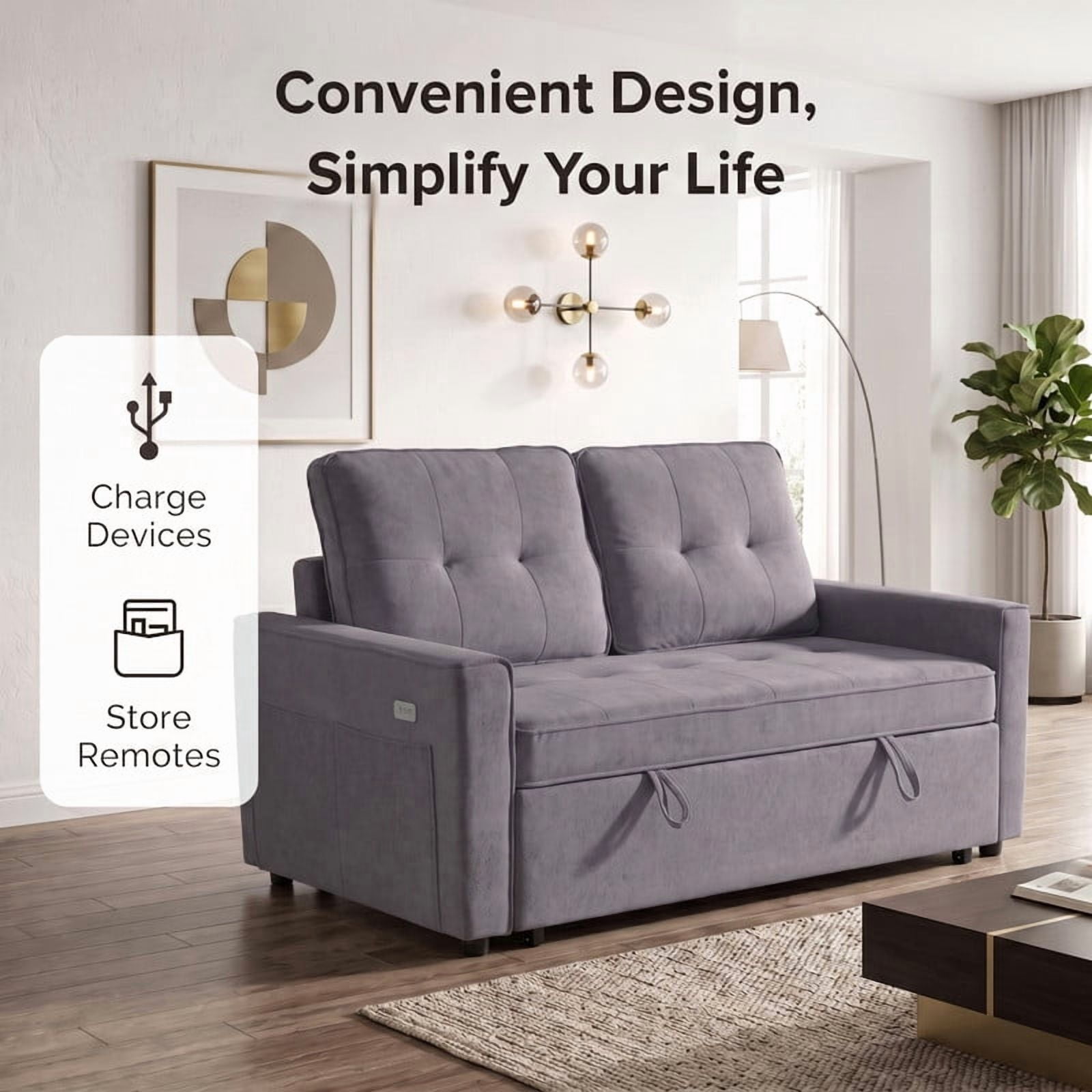 Gewnee 53" Sofa Bed, 3 in 1 Convertible Loveseat Sleeper Sofa, Pull Out Couch with USB Port, Futon Sofa Bed with Storage Pockets for Small Spaces, Teddy Fabric,Light Gray