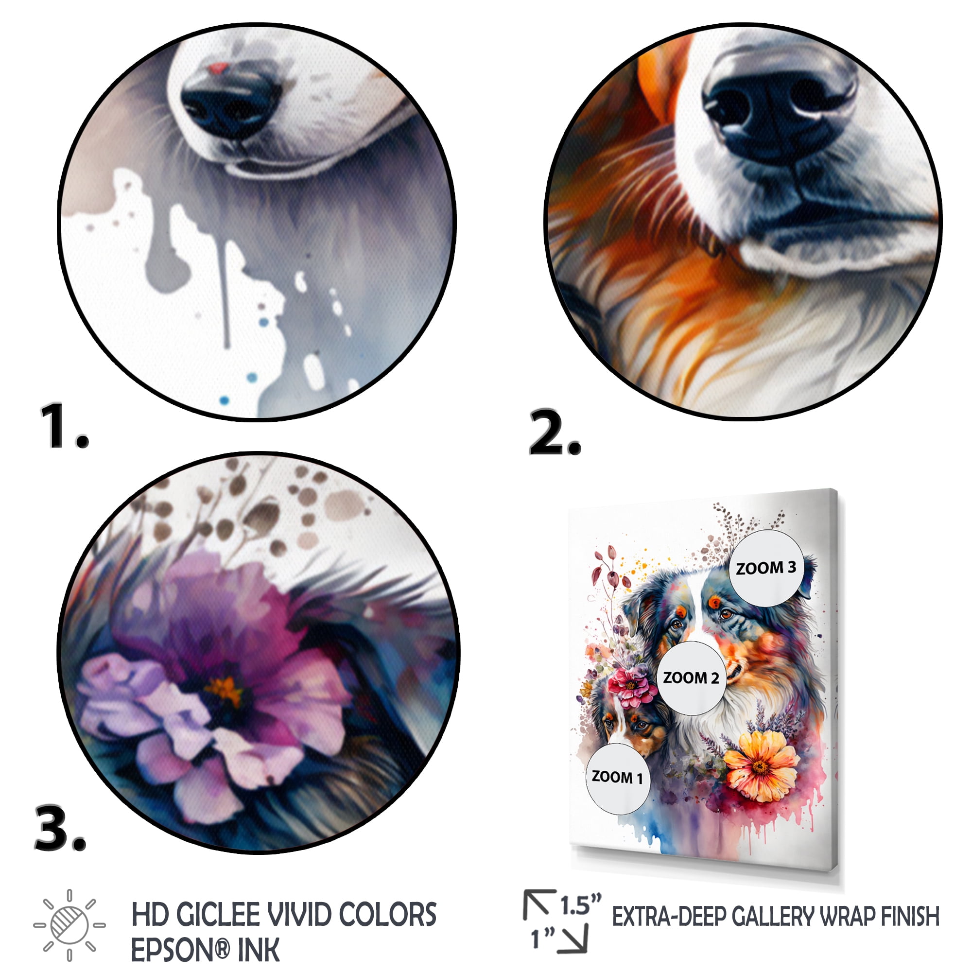 Designart Cute Australian Shepherds Floral Art II Canvas Wall Art