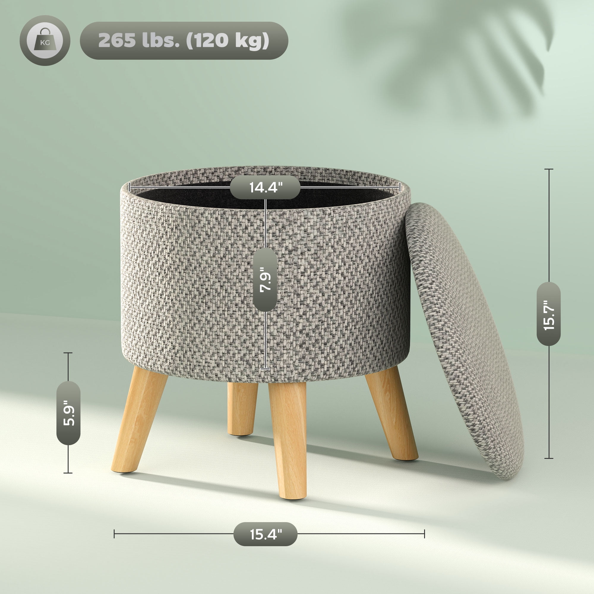 HOMCOM Storage Ottoman, Round Footstool with Linen Feel Fabric Upholstery, Removable Top, Hidden Space and Wood Legs for Living Room, Light Gray
