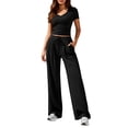 thumbnail image 3 of Lumtrix 2 Piece Sets for Women Summer 2026 Spring Summer Ribbed Lounge Set Matching V Neck Crop Tops Wide Leg Pants with Pockets Airport Travel Outfits Black L, 3 of 4