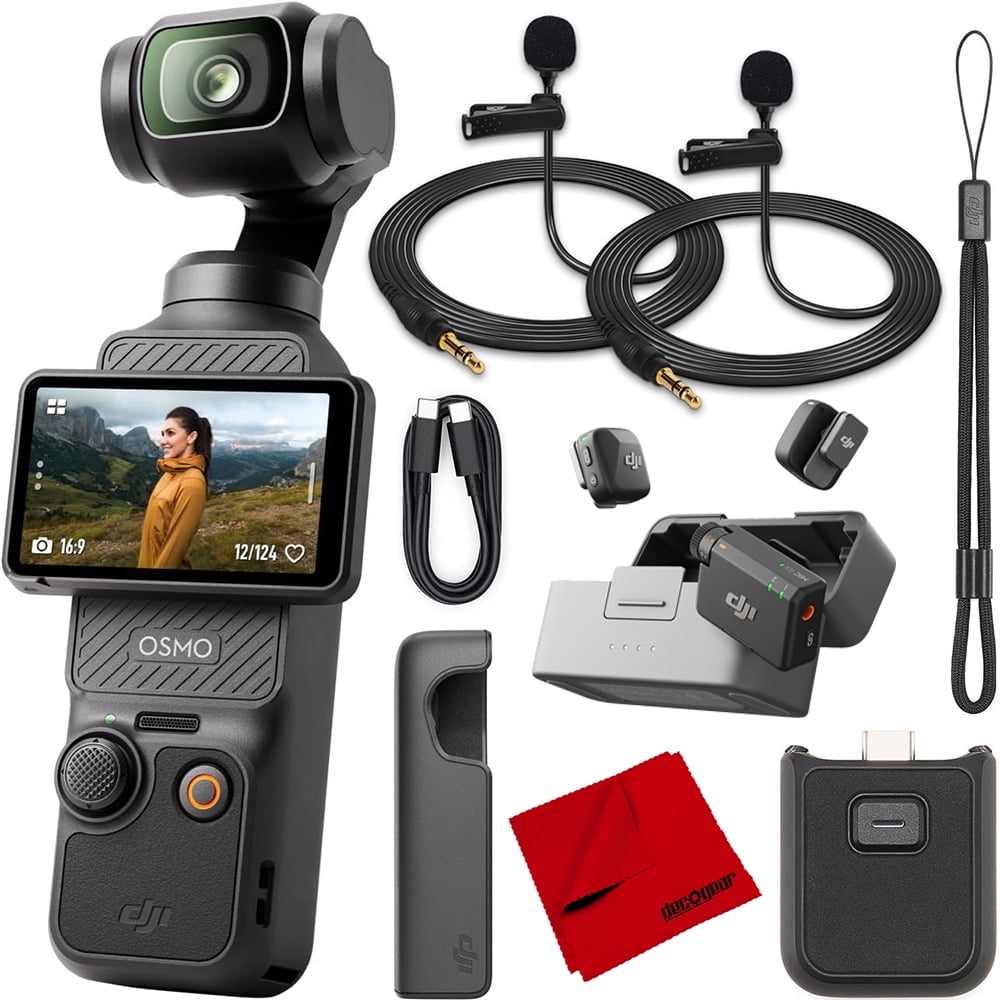DJI Osmo Pocket 3 Vlogging Camera with 1'' CMOS & 4K/120fps Video, 3-Axis Stabilization, Face/Object Tracking, Rotatable Touchscreen Bundle with Deco Essentials 2 Lapel Microphones + DJI Mic Mini