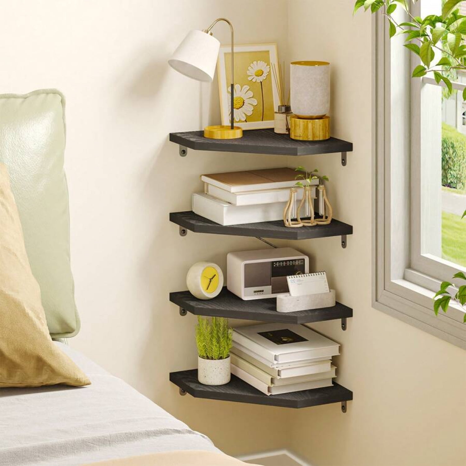 Set Of 4 Floating Corner Shelves, Rustic Wood Wall Mounted Storage & Display Shelves For Bathroom, Kitchen, Living Room & Bedroom Organization
