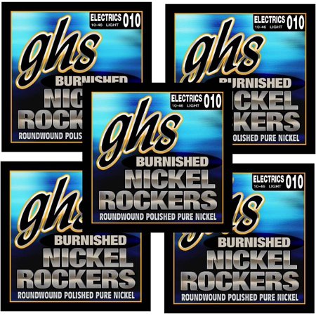 GHS Strings BNR-L Burnished Nickel Rockers, Polished Pure Nickel Electric Guitar Strings, Light (10-46), Pack of 5