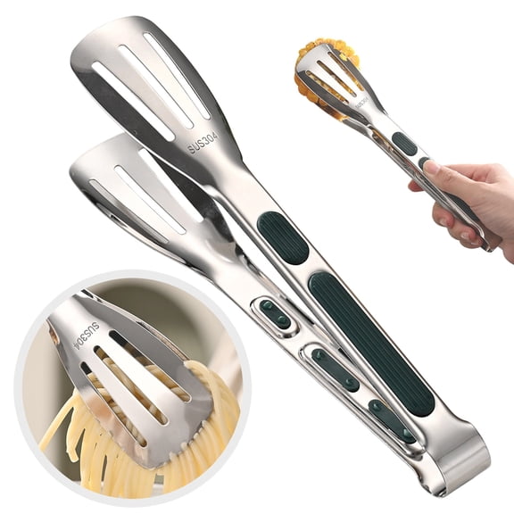 18/8 Stainless Steel Kitchen Tong: U-Taste 9 inch Heat Resistant Cooking Tong with Sturdy Metal Tips & Non Slip Silicone Handle & Smooth Locking for Serving Food Salad Grill BBQ (Black)