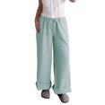 thumbnail image 3 of Women's High Waisted Drawstring Pockets Wide Leg Pants Woman Plaid Trousers for Casual Summer Light Green XXL, 3 of 10