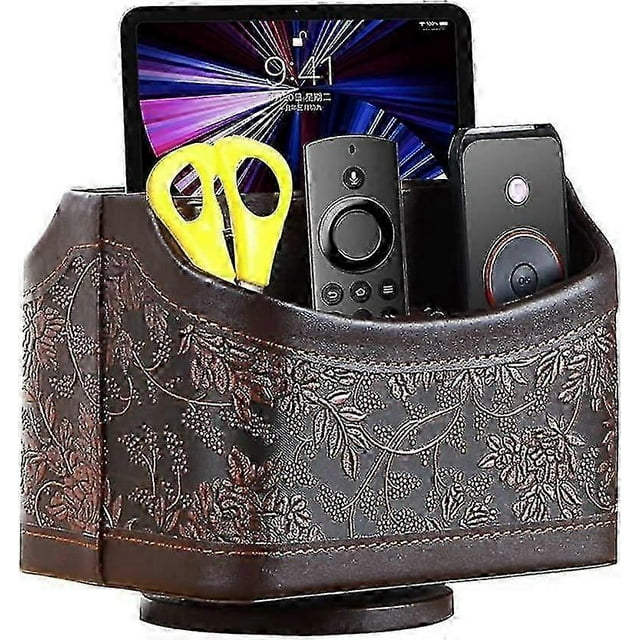 Antique Leather Remote Control Holder, 360 Degree Spinning Desk Tv Remote Caddy/box