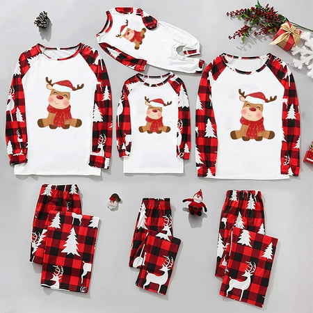 

jsaierl Matching Christmas Pajamas for Family Cute Xmas Reindeer Elk Printed Long Sleeve Crewneck Plaid Shirts and Pants 2 Piece Set