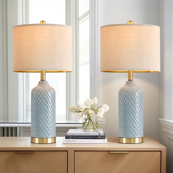24.25" Modern Ceramic Blue Table Lamps Set of 2 for Living Room, Farmhouse, Bedside, Coastal Bedroom, Side & End Tables