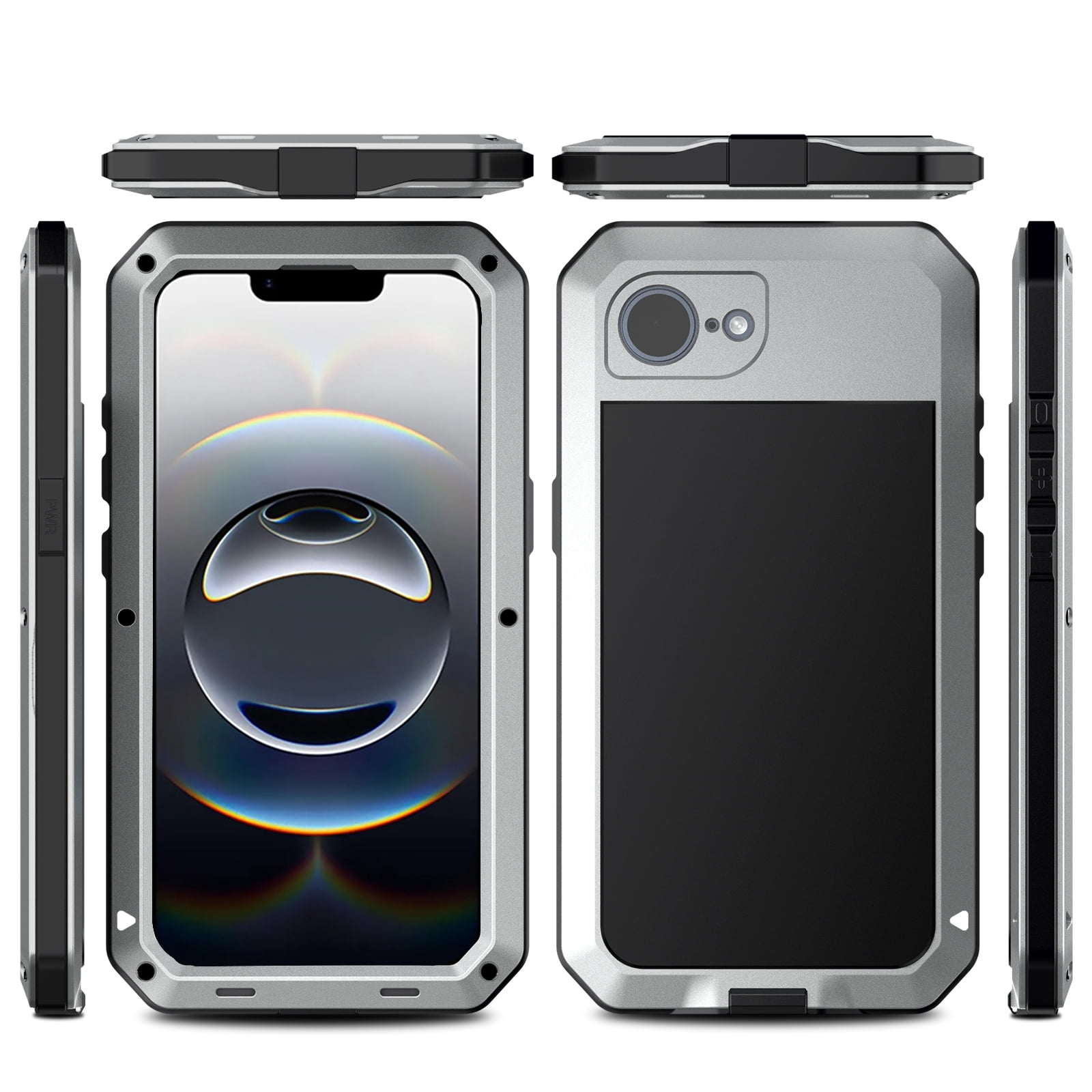 for iPhone 16e Case, 360 Full Body Protective Cover Heavy Duty Shockproof Armor Aluminum Alloy Metal Case with Silicone Built-in Screen Protector for iPhone 16e, Silver