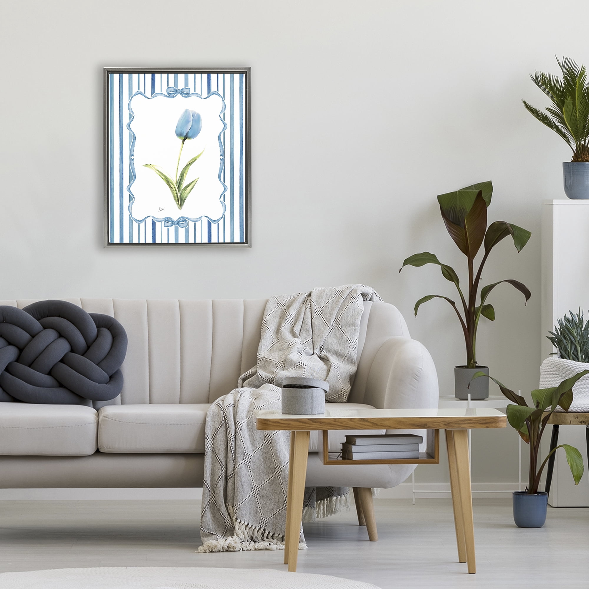 Stupell Industries Blue Tulip & Ribbon Border Gray Framed Floater Canvas Wall Art, design by Nan