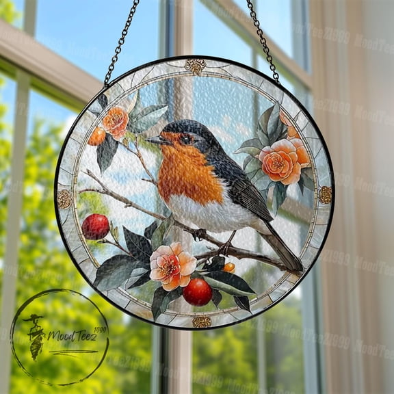 Robin Bird Stained Glass Suncatcher: Floral Window Hanging