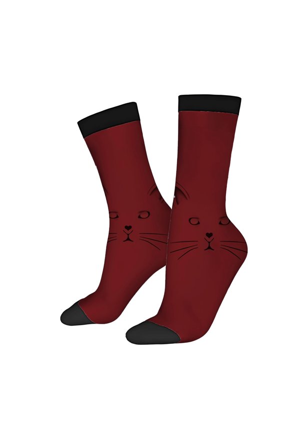 Four Seasons Universal Socks - 2 Pairs of Unisex Trendy Socks with Adorable Black Cat Face Design Maroon & Black Color Mix