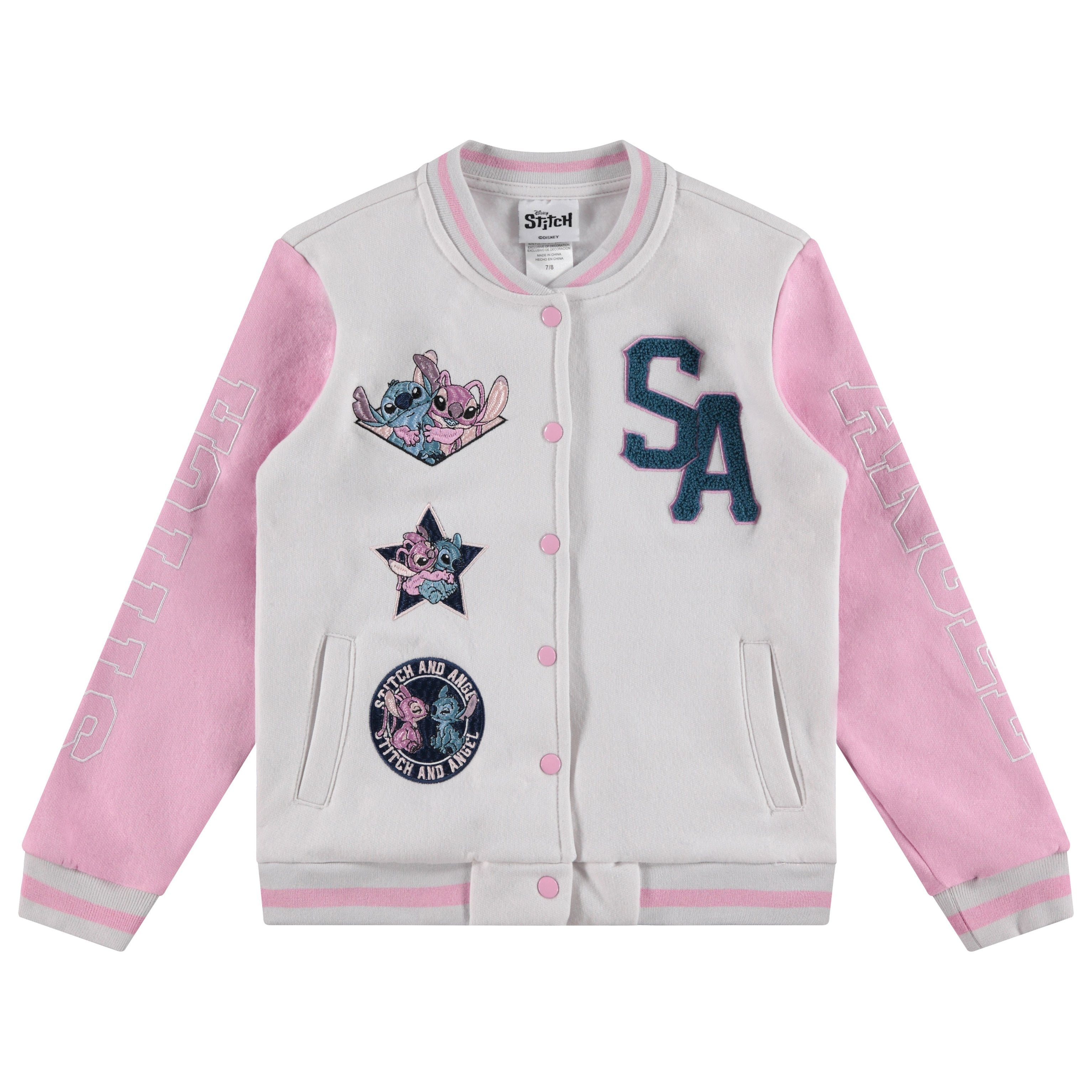 Lilo,Stitch and Angel Varsity Bomber Jacket - Little and Big Girl Sizes 4-16, Light Grey/Pink, 10-12