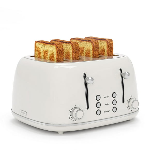 Tostadora de 4 rebanadas, tostadora retro de acero inoxidable con 6 configuraciones de pantalla de pan, tostadora con ranuras de 1.5 pulgadas de ancho con funciones de cancelar/descongelar/recalentar,