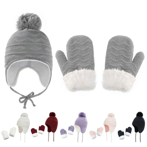 Lispipm Kids Winter Beenie Hat Mittens Set with Pompom Earflap Knitted Hat for Boys and Girls Warm Fleece Set for School Wear Grey L