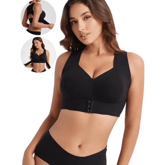 Xdegoge Posture Corrector Bra for Women Plus Size Front Closure Full Coverage Wireless Black Bras Smoothing Cross Back Sports Push Up Bralettes XL