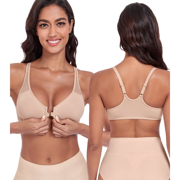 Exerin Women's Front Close Unlined Underwire V-Neck Racerback Bra(40B,Beige)