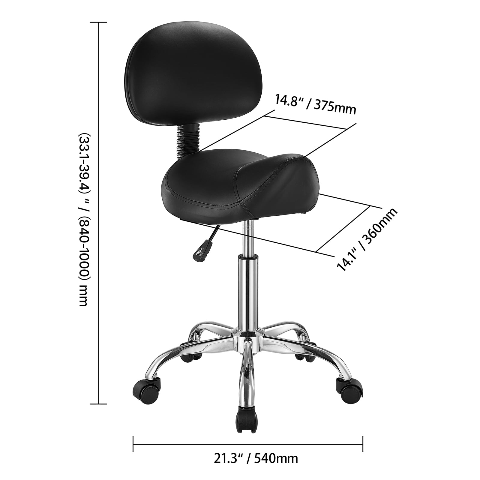 VEVOR Saddle Stool with Back Support and Wheels, 450 LBS Weight Capacity Ergonomic Rolling Stool, Height Adjustable Thickened PU Leather Swivel Saddle Chair for Salon, Spa, Massage, Tattoo, Black