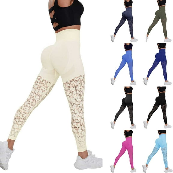 GEWSEY Tummy Control Yoga Pants for Women Breathable Hollow Workout Leggings Full Length Capri Soft Stretchy Tights (Sky Blue, L)