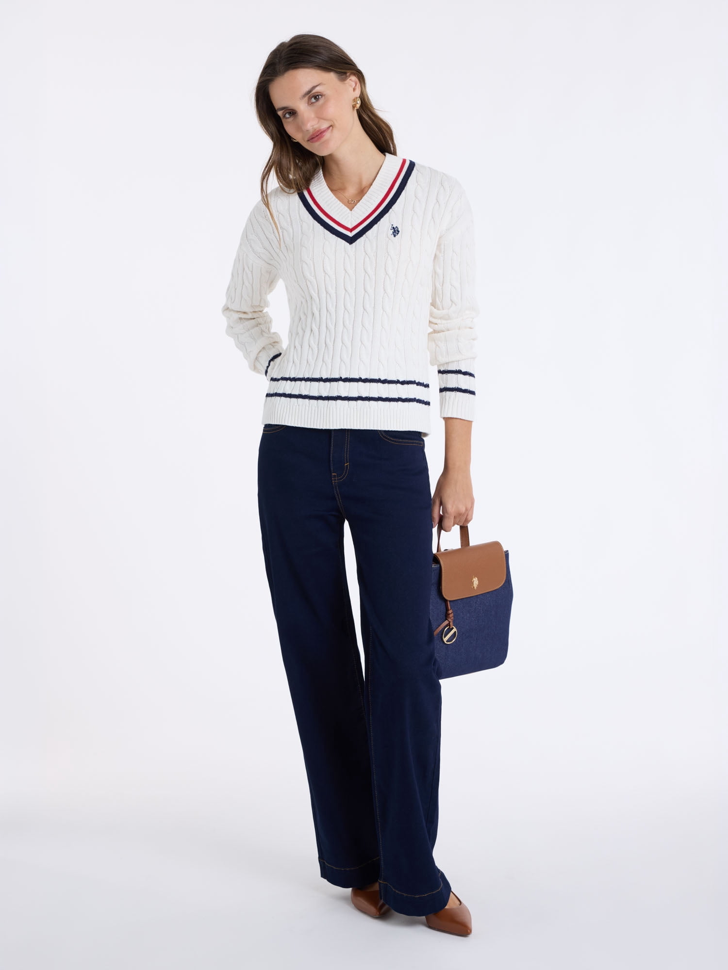 U.S. Polo Assn. Women's Varsity V-Neck Cable Sweater
