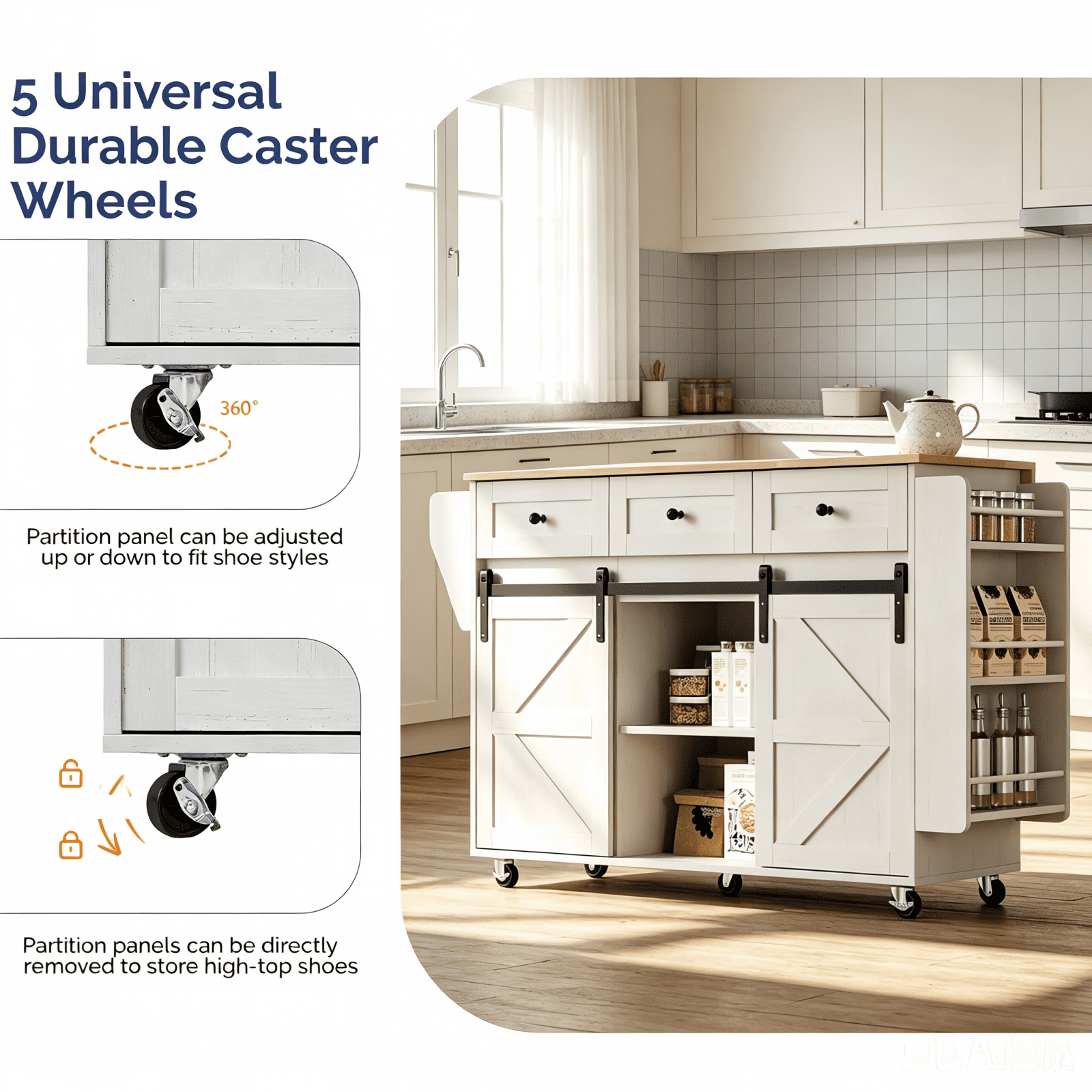2 Barn Doors with Sliding Rails 3 Drawers 3 Shelves Serving Cart Rubberwood Countertop + MDF Cabinet Dining Cart, 47.24*29.49*35.08in, White