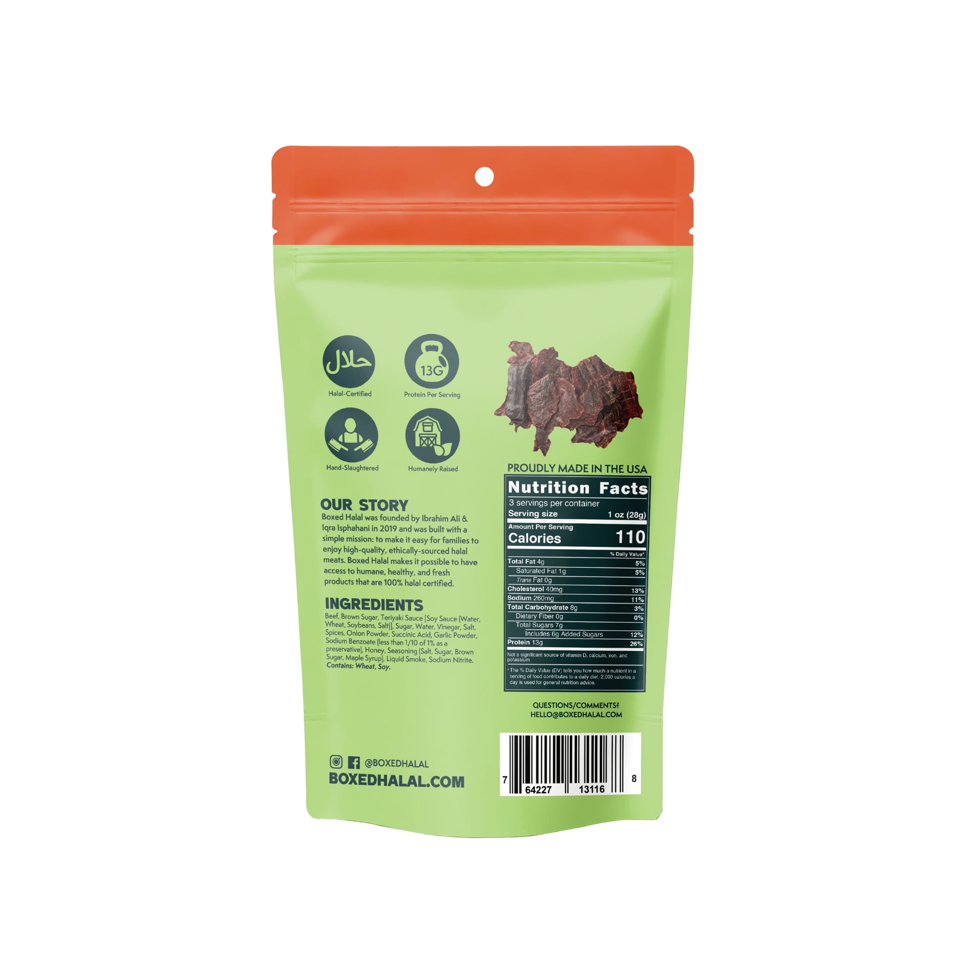 BOXED HALAL Premium 100% Grass-Fed Teriyaki Beef Jerky Strips, 13g Protein, , HFSAA Certified Halal, Keto Friendly Snack, 3 Oz. Bags (3 Pack)