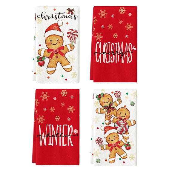 Sm:)e Gingerbread Candy Merry Christmas Kitchen Towels Dish Towels, 18x26 Inch Holiday Holly Xmas Ball Winter Decoration Hand Towels Set of 4