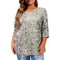 thumbnail image 3 of Women Plus Size Fashion Blouses Fall 3/4 Sleeve Oversize Tee Dressy Round Neck Tops Floral Printed Loose Fit Shirts, 3 of 4