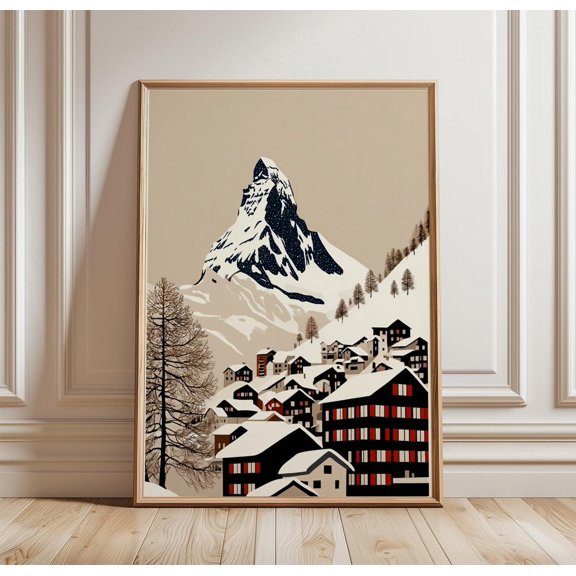 Matterhorn Zermatt Alpine Village Snow Scene Wall Art Switzerland Mountain Landscape Print, Unframed Paper Print