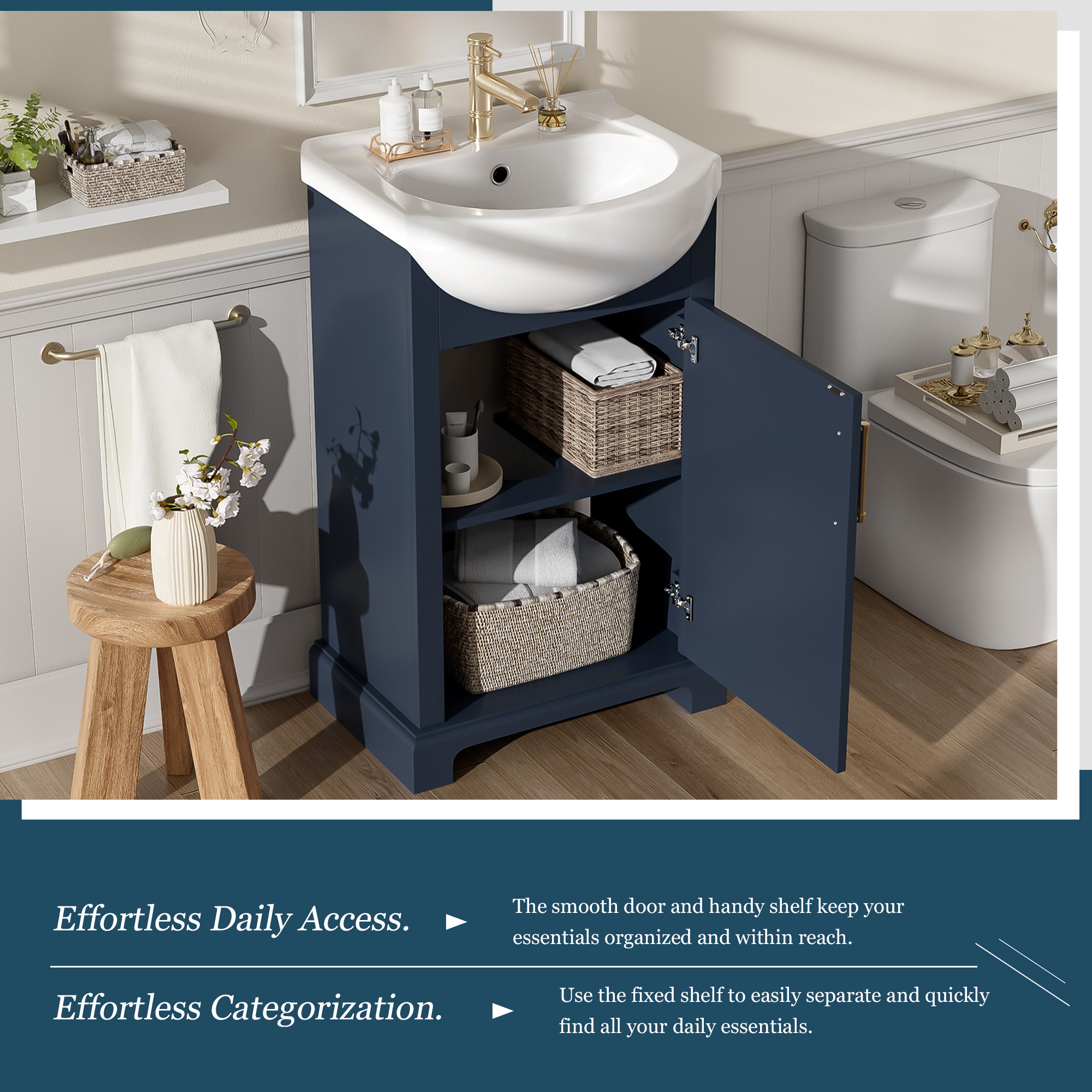 20-inch Bathroom Vanity with Ceramic Sink, Freestanding Single Vanity Set with Soft Closing Door, Bulged Ceramic Basin, French Style, Blue