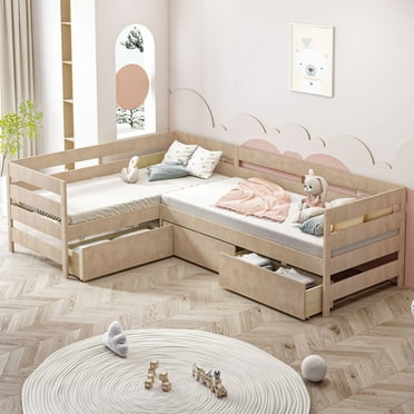 Euroco Wood Twin Size L-Shaped Platform Bed, 2 Beds in One with Drawers, Natural
