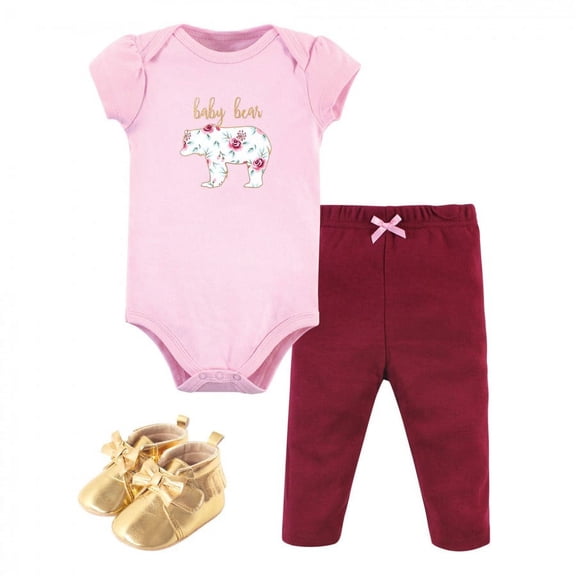 Little Treasure Baby Girl Cotton Bodysuit, Pant and Shoe 3pc Set, Girl Baby Bear, 0-3 Months