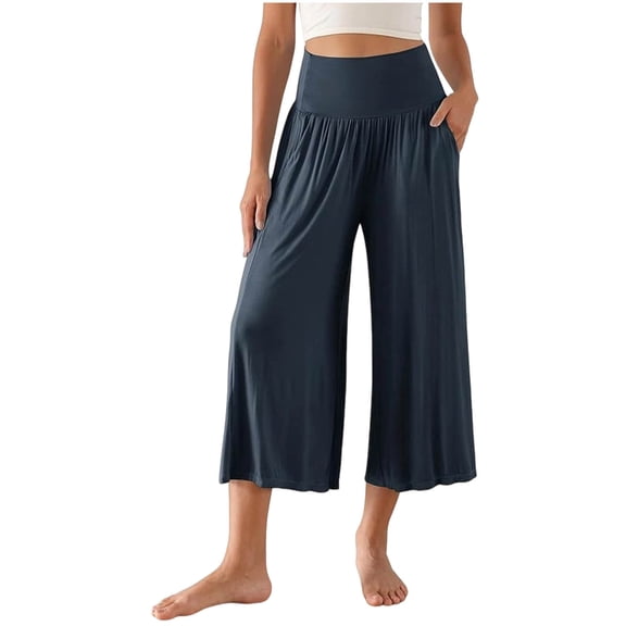Women Fold Over Waist Lounge Capris Gaucho Wide Leg Flowy Cropped Pants Casual Yoga Culotte Pajama Bottom