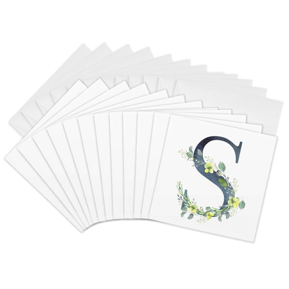 3drose, Blue Monogram Initial S with Pretty Yellow Wild Flowers, 12 Greeting Cards with Envelopes