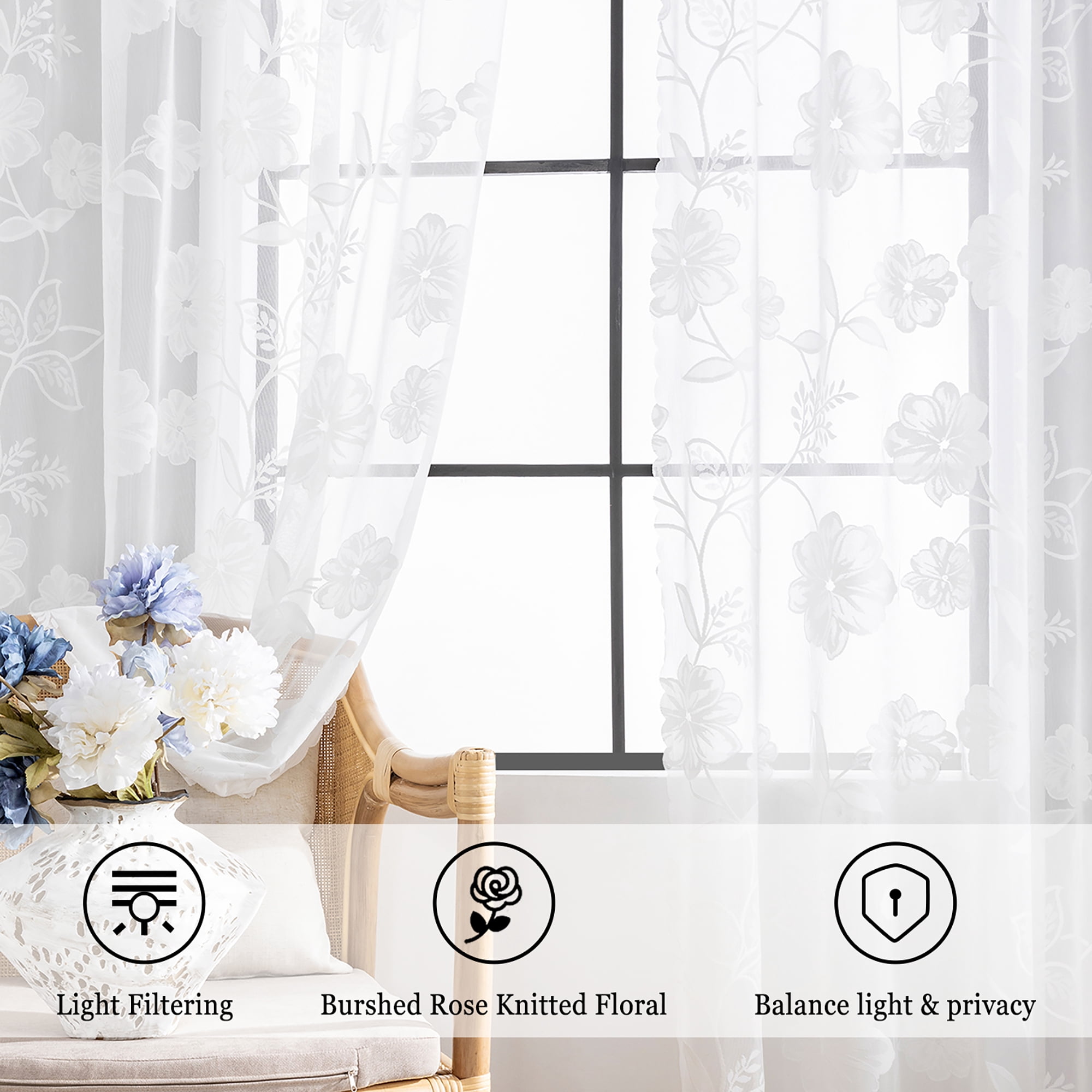 Exultantex White Sheer Lace Curtains Vintage Rose Floral Embroidered Sheer Window Drapes for Bedroom Living Room,54"wx63"L,2pcs,Rod Pocket