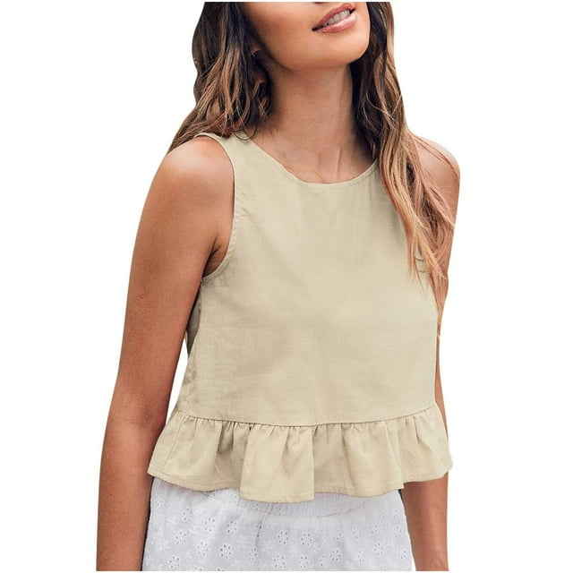 Besolor Camisoles d'Été pour Femmes à Col Ras du Cou Sans Manches, Courts, Mignons, Ourlet à Volants, Décontractés, Sortie, Chic, Blouse
