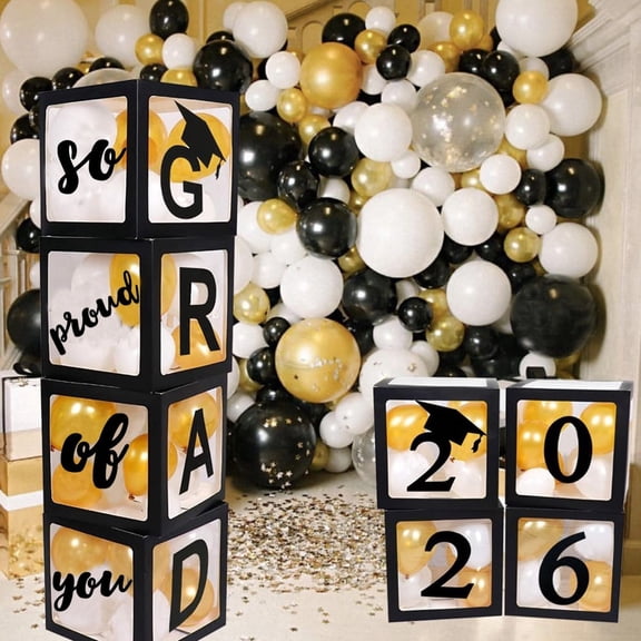 2026 Graduation Decorations Party Supplies,8 Pieces Black Balloon Boxes with 50Pcs Balloons for Graduation Party with Letter “GRAD 2026 So Proud of You ”,Class of 2026 School Grad Party Decorations