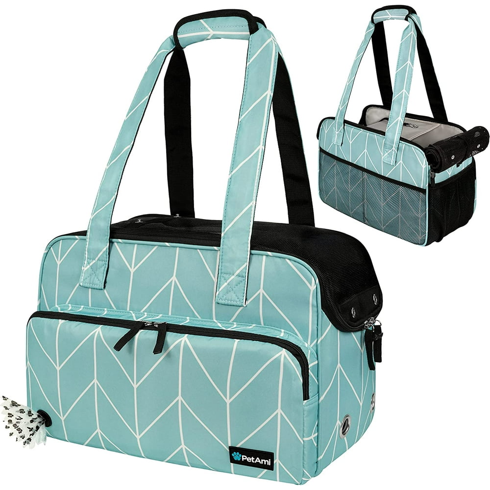 PetAmi Small Dog Purse Carrier, Soft-Sided Pet Carrier Bag Pockets, Portable Medium Dog Puppy Large Cat Travel Handbag Tote, Airline Approved Breathable Mesh, Poop Dispenser, Sherpa Bed, Chevron Teal