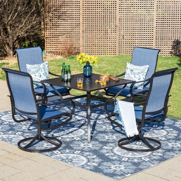 SUMMIT LIVING 5-Piece Outdoor Patio Dining Set, Square Patio Table and Textilene Swivel Chairs, Black and Blue