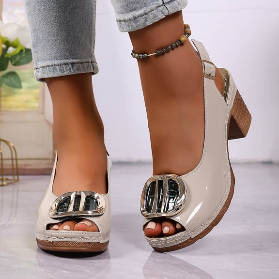 Womens Platform Sandals Chunky Heel Ankle Strap Open Toe Beige Fashion Comfort Casual Summer Shoes,Size 43