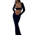 thumbnail image 3 of Licupiee Women Hollow Bodycon Dress Solid LowCut Long Sleeve Backless Show Belly Square Neck Fishtail Long Cocktail Dress, 3 of 6