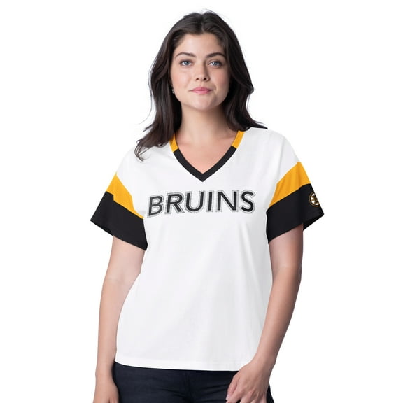 Women's G-III 4Her by Carl Banks White Boston Bruins Rink Oversized Rhinestone V-Neck T-Shirt