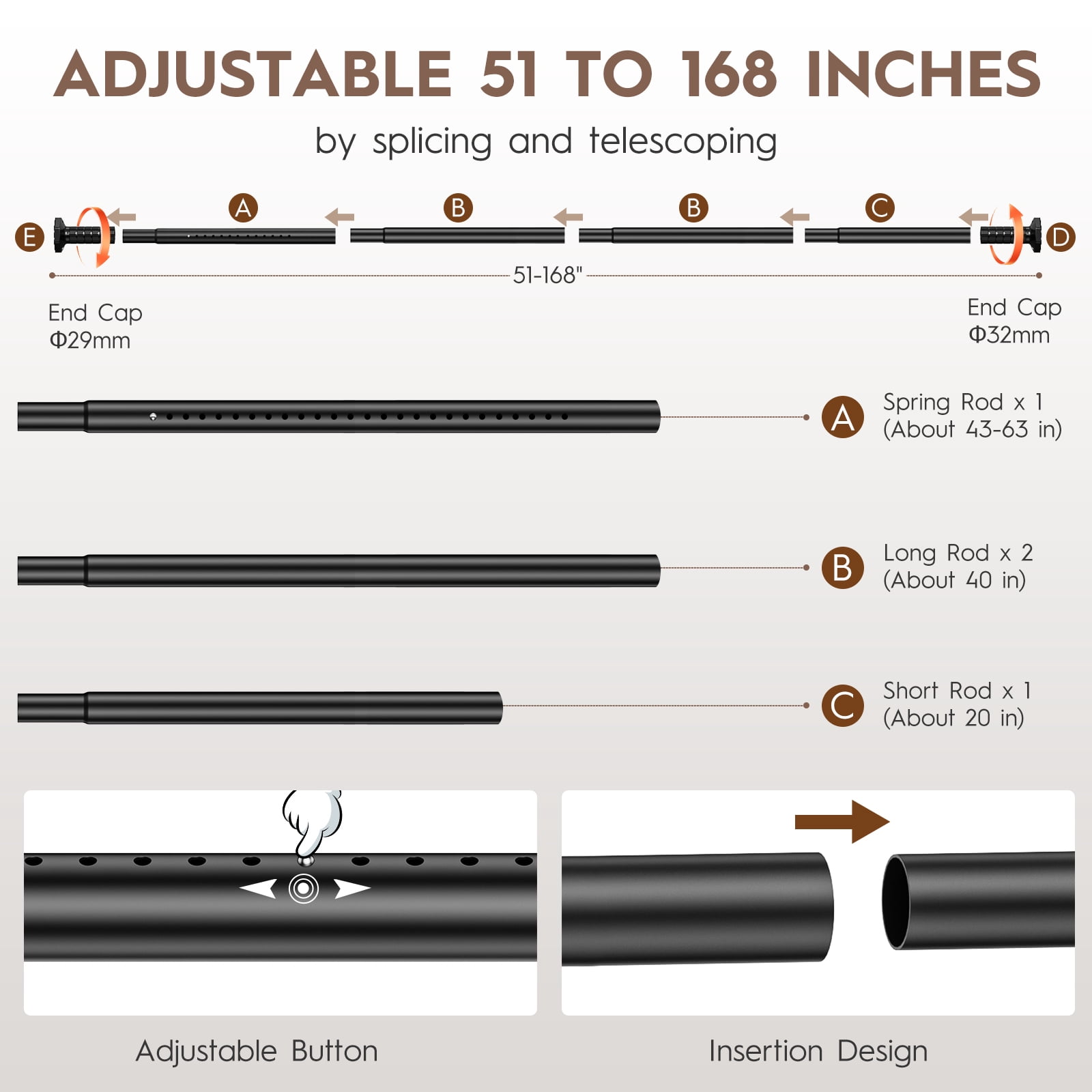GIRACOA Octagon Tension Curtain Rod 51-168 Inches, Heavy Duty No Drill Adjustable Rod with 12 Rings, Matte Black