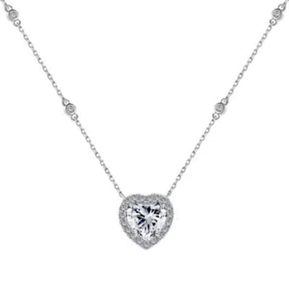 K-KED 925 Sterling Silver Pink Love Heart Zirconia Pendant Necklace Wedding Party Gift-White