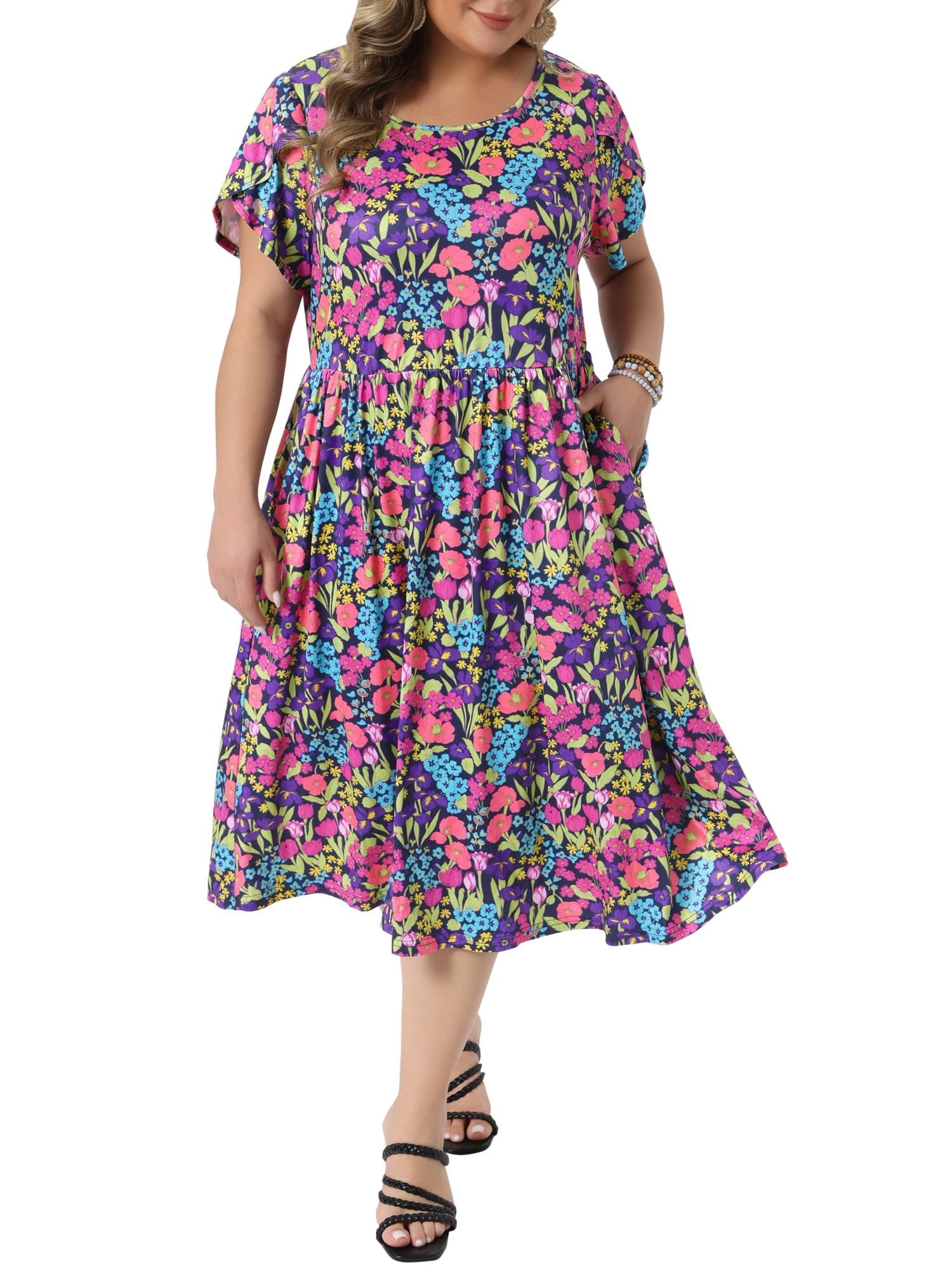 DARING DIVA Women's Plus Floral Print Crew Neck Tulip Midi Dress 3X Black Purple